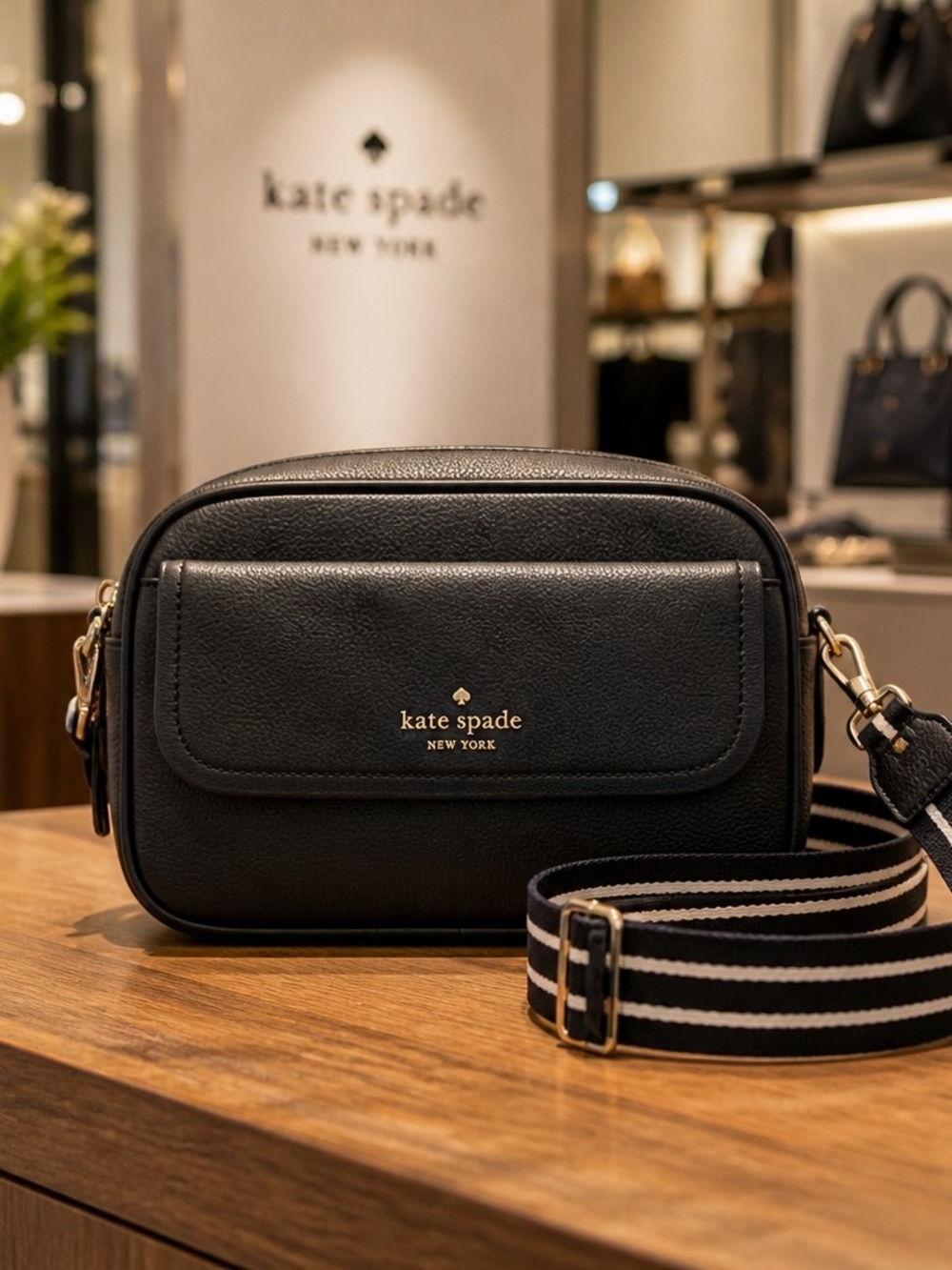 kate spade Black Leather Crossbody Camera Bag with Striped Strap